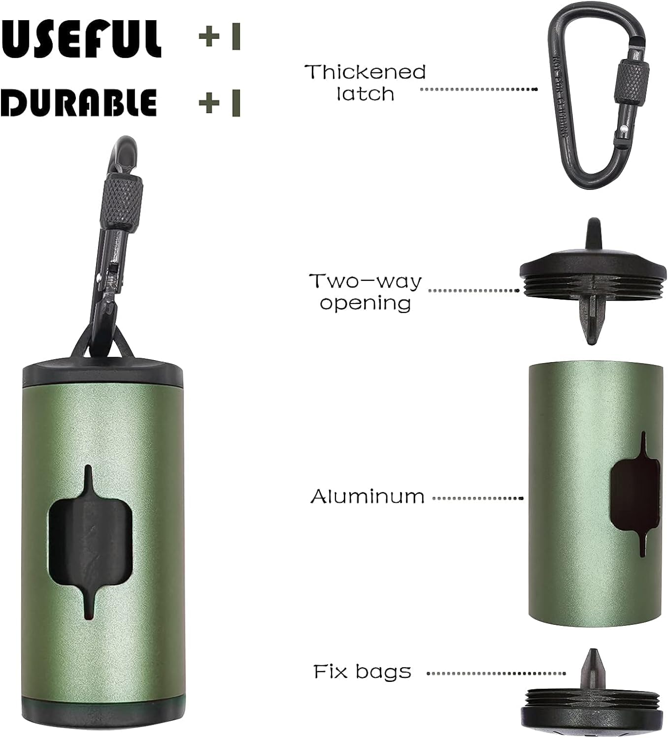 Shaouman Metal Dog Poop Bags Holder Aluminum Poo Bags Dispenser With Pet Waste Bags 3 Leash Clasp And Elastic Rope For Used Bags(1 Holder 135 Bags,Dark Green)