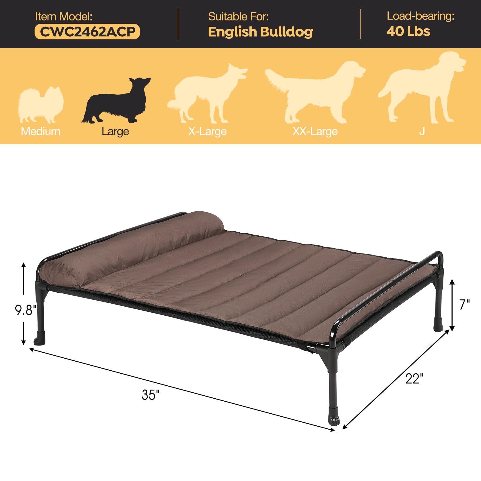 Veehoo Elevated Raised Dog Bed+Waterproof Removable Pillow-Top Mat, Cooling Outdoor Dog Cot Bed with Railing for Large Sized Dog