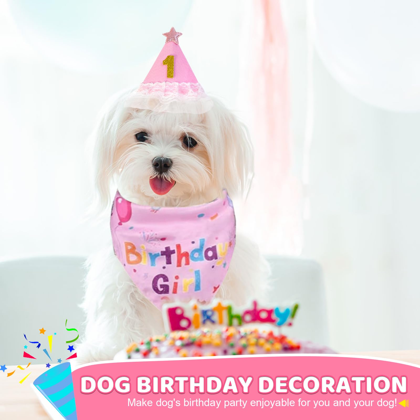 Jestrem Dog Birthday Party Supplies, Pink Birthday Girl Bandana, Birthday Hat With Star And Numbers, Dog Birthday Decorations Fo