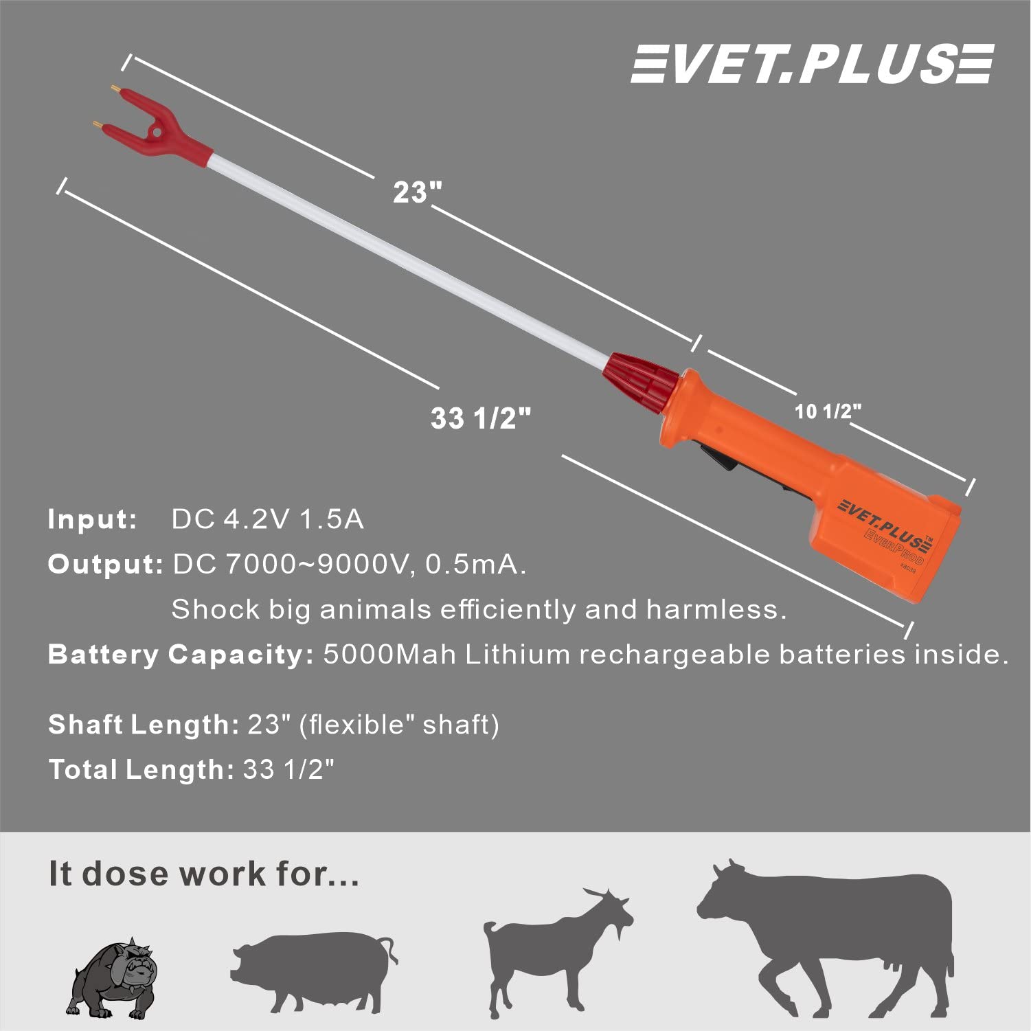 VET.PLUS Rechargeable Waterproof Livestock Prod for Cattle & Large Dogs, 33.5 Total Length, Orange