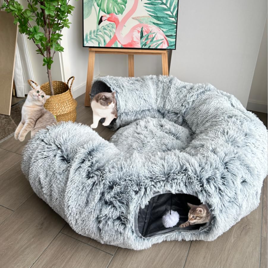 Mabaytir Cat Tunnel Bed For Indoor Cats Grey Plush, Collapsible Play Tube With Removable Cushion, Sturdy Cat Toy Playhouse, Soft