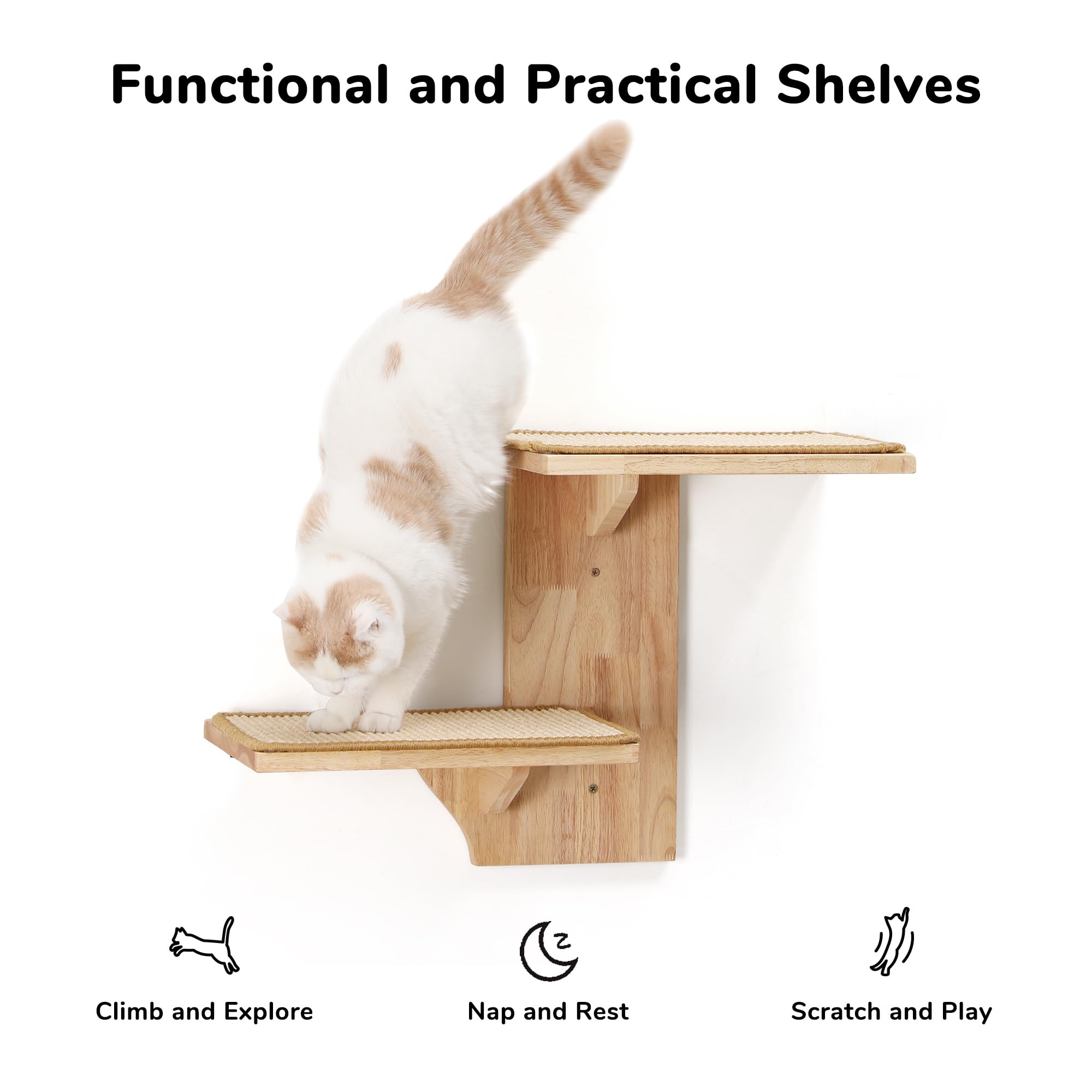 FUKUMARU Cat Wall Shelves, 2 Platform Cats Walls Furniture, Tree Shape Kitten Floating Shelf with Soft Cushion Perch, Solid Rubb
