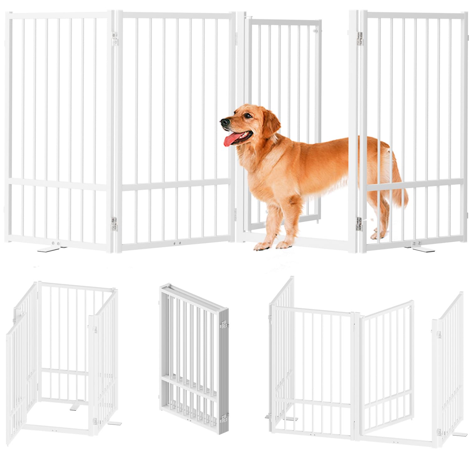 SNUOWU Full Metal Freestanding Dog Gate with Door, 32Height Foldable Pet Dog Fence for Indoor & Outdoor, 4 Panels Extra Wide F