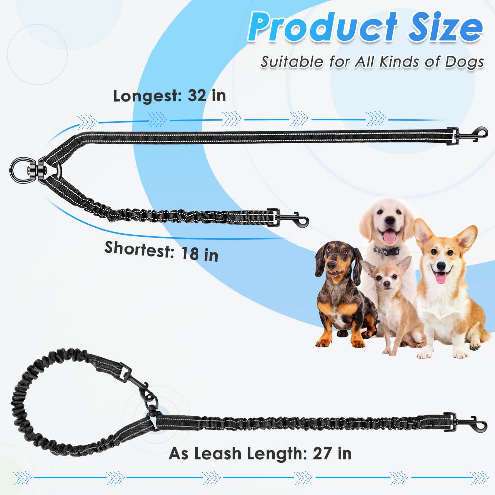 Autowt Double Dog Leash, No Tangle 360 Swivel Rotation Reflective Lead Attachment Bungee Extension Length Dual Two Dog Lead Spli