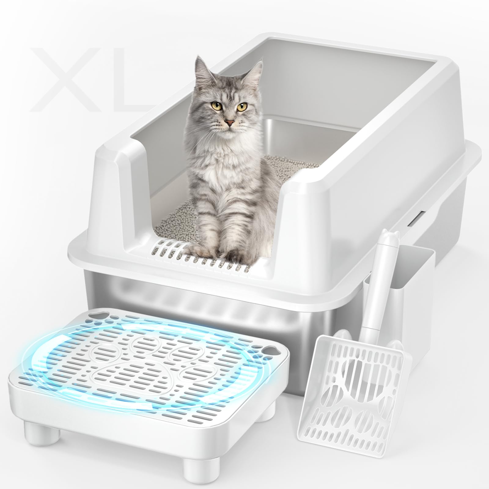 Perehome Enclosed Stainless Steel Cat Litter Box, Extra Xl Large Metal Litter Box With Lid, High Sided, Easy Clean, Odorless, An