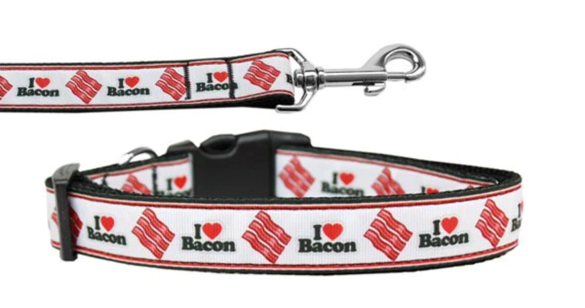 Pet Dog & Cat Nylon Collar or Leash, &quot;I Love Bacon&quot; XL Collar