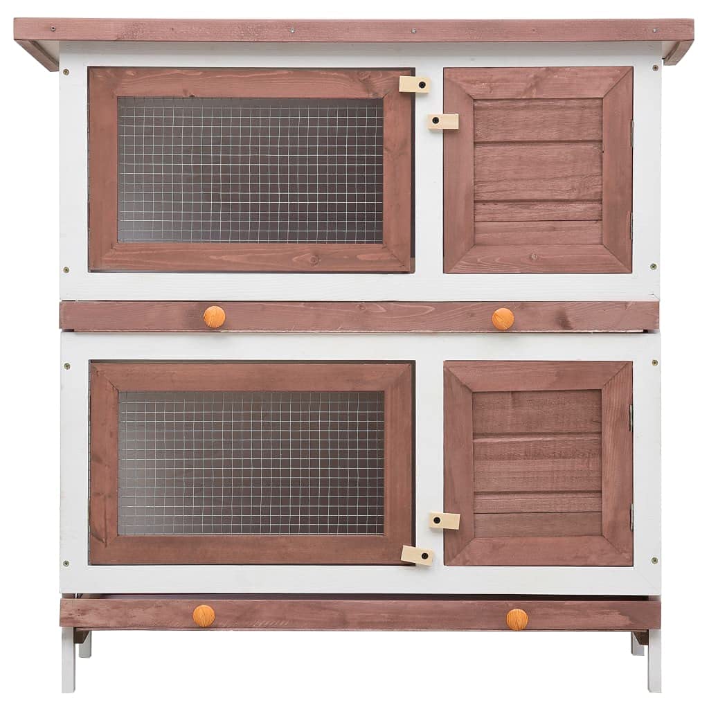'vidaXL 2-Layer Outdoor Rabbit Hutch with Waterproof Green Roof, Iron Wire Mesh, Pull-Out Trays, and 4 Doors - Brown and White Wooden Pet Enclosure