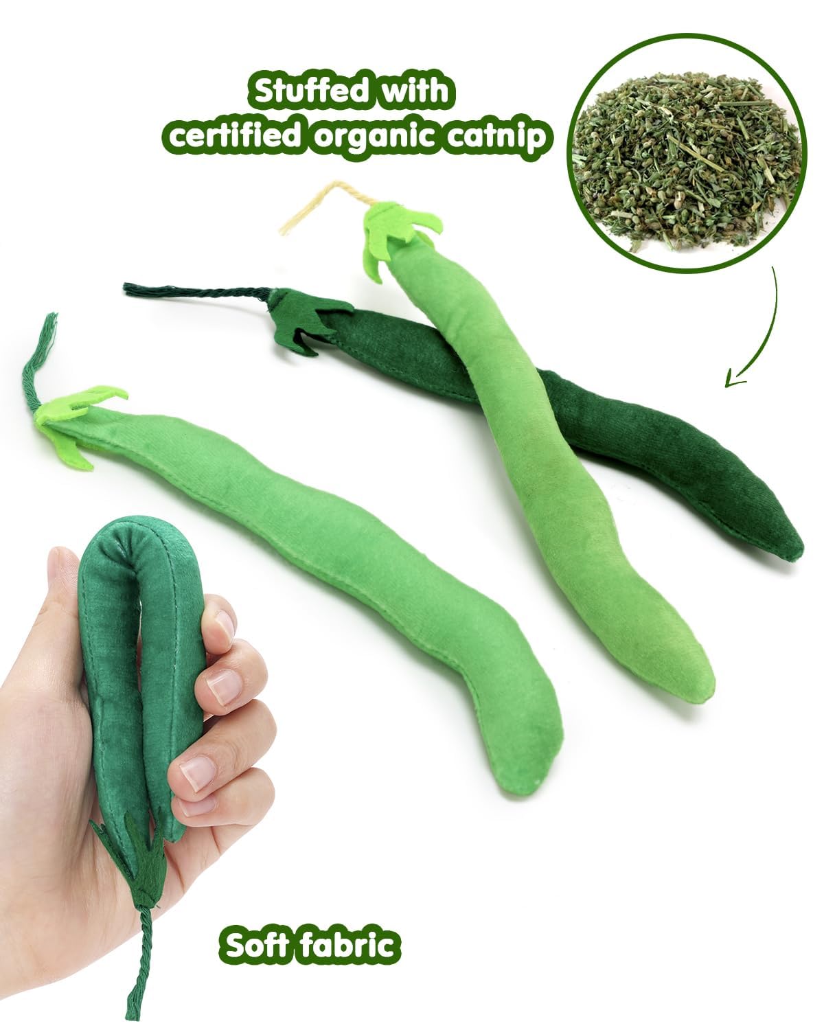 CiyvoLyeen Catnip Toy, Green Bean Cat Toys Kitten Supplies Interactive Kicker Vegetables Vegan Dental Health Teething Chew Gift