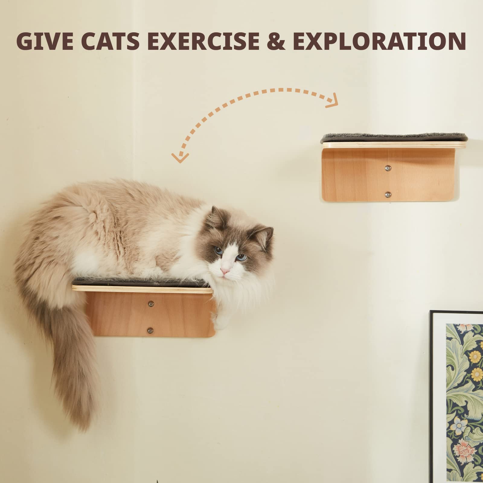 LIORCE Cat Wall Steps - Wooden Climbing Shelf with Scratching Mat - Cream & Gray, Wall-Mounted Cat Furniture for Jumping & Playing