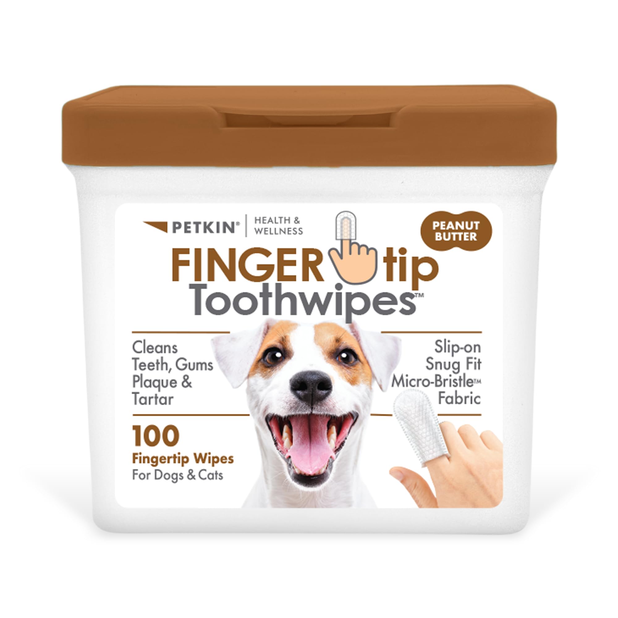 Petkin Fingertip Tooth Wipes for Dogs and Cats, 100 Finger Wipes - Slip-On, Snug Fit, Micro-Bristle Fabric - Cleans Teeth, Gums,