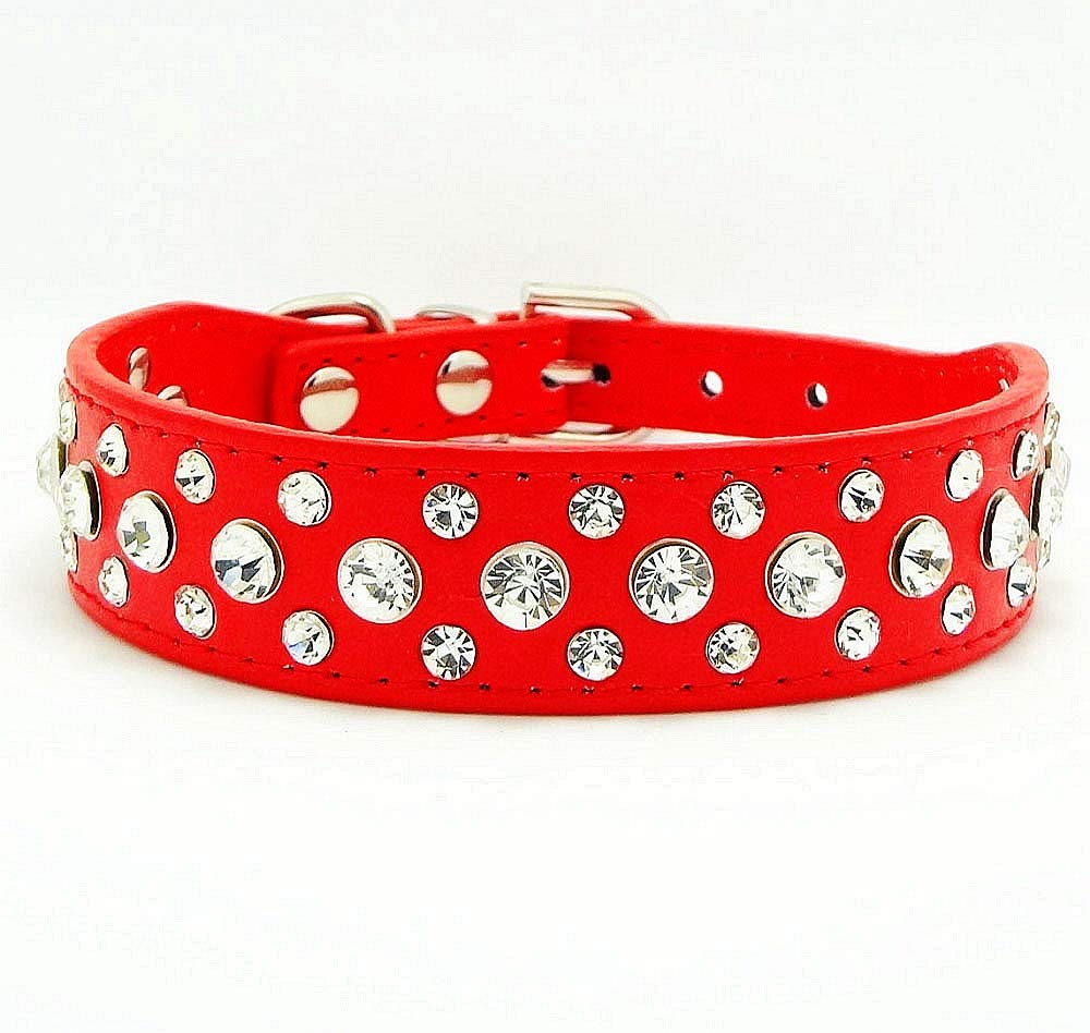 Haoyueer Bling Rhinestone Pu Leather Crystal Diamond Pet Dog Cat Puppy Collar Black S M L Xl(Red,M)