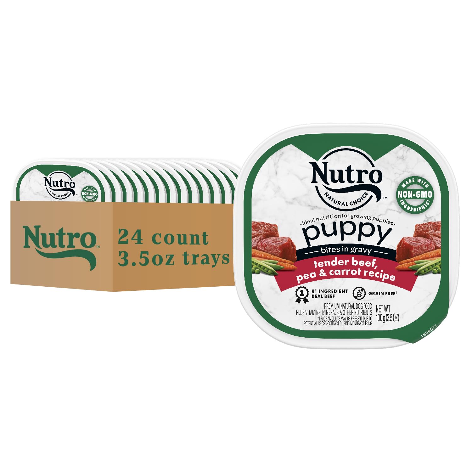 Nutro Puppy Grain Free Natural Wet Dog Food Bites in Gravy Tender Beef, Pea & Carrot Recipe, 3.5 oz. Trays (24 Count, Pack of 1)