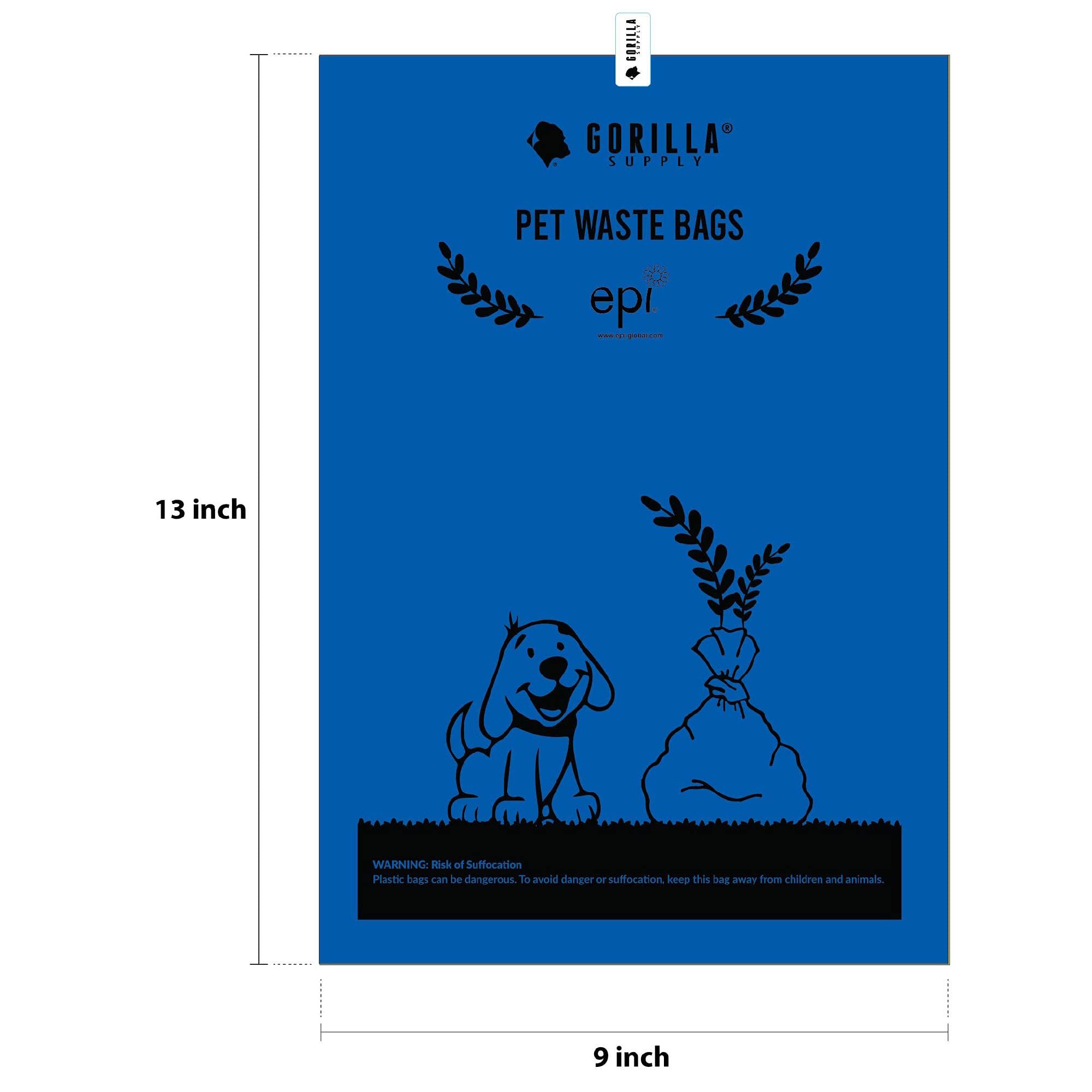 GORILLA SUPPLY Dog Poop Bags - 1000 Count, Blue, 9 x 13, Plastic, with Dispenser & Leash Tie, Model 1000-BL-PO
