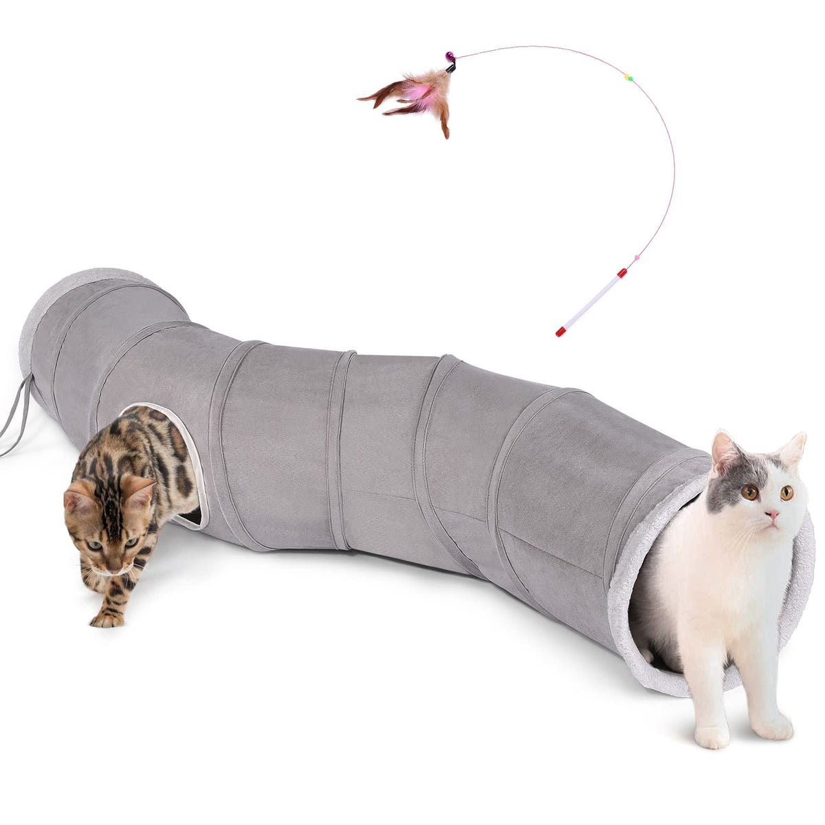 Ownpets Cat Tunnel 48 Inch Long S-Shape Collapsible Cat Play Tunnel With Interactive Feather Wand Large Pet Tunnel Tube Toy For Cat Kitten Kitty Puppy Rabbit