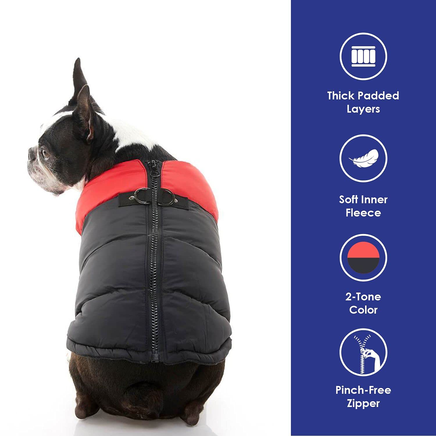 Gooby Padded Vest Dog Jacket - Red, Large - Warm Zip Up Vest Fleece Jacket With Dual D Ring Leash - Winter Water Resistant Sweat
