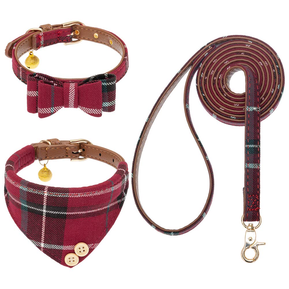 Expawlorer Dog Collar And Leash Set - Classic Plaid Dog Bow Tie And Dog Bandana Collar With Bell, Dog Leash Tangle Free, Adjusta