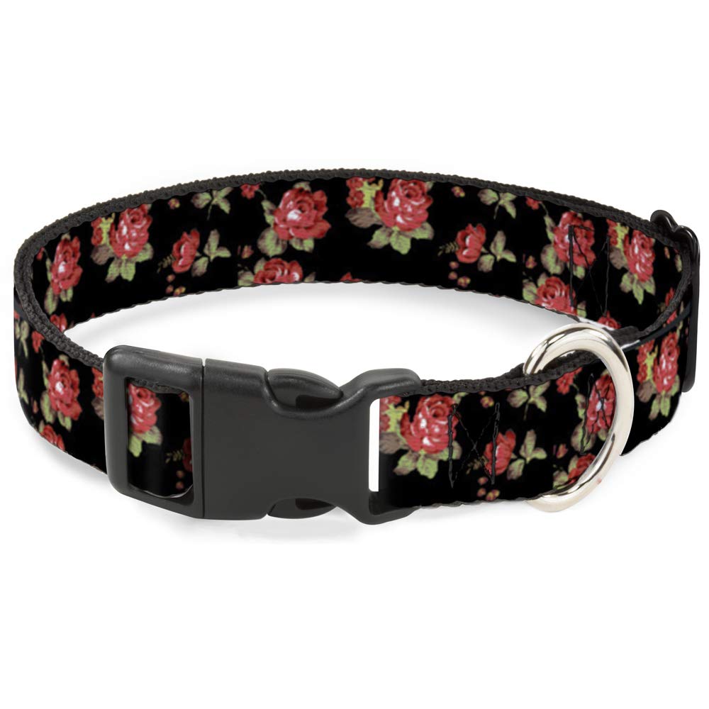 Buckle-Down Plastic Clip Collar - Red Roses Scattered Black - 1/2'' Wide - Fits 8-12'' Neck - Medium