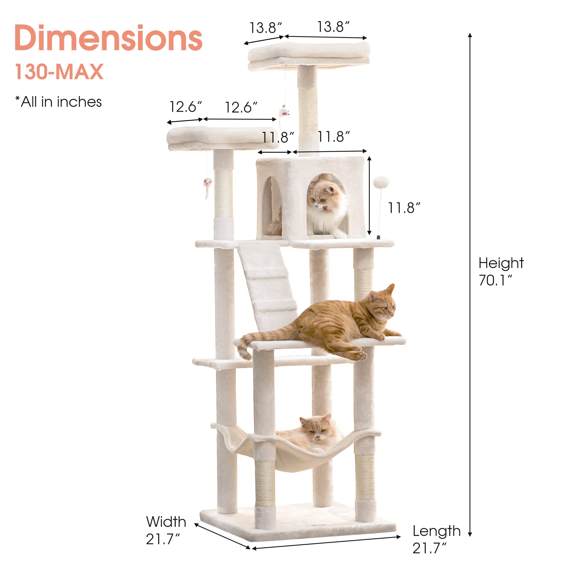 Mwpo 70.1-Inch Large Cat Tree, Multi-Level Tall Cat Tower For Indoor Cats, Plush Cat Condo With Big Padded Perches, Sisal-Covered Scratching Posts, Hammock, Toys For Kittens & Cats - Beige