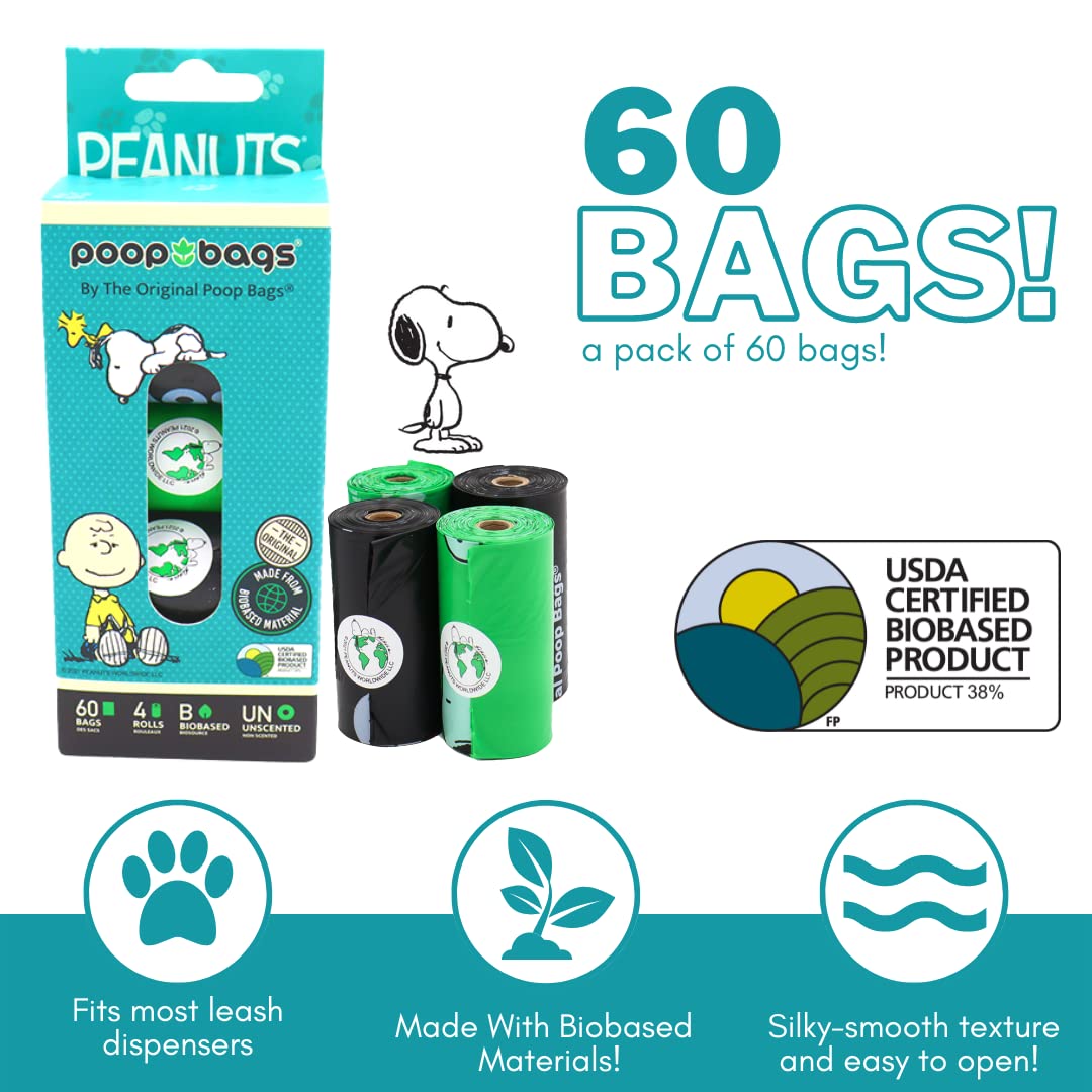 The Original Poop Bags Usda Biobased Pet Waste Bags - Peanuts Characters - Durable, Leak Resistant, 60 Count, Blk/Green