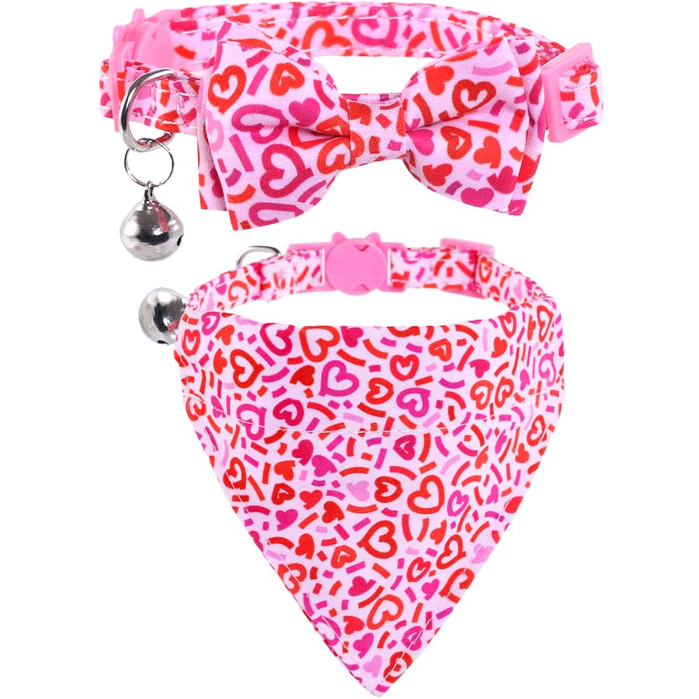 Valentine'S Day Cat Collar Breakaway With Bow Tie Bandana And Bell Holiday For Kitty Adjustable Safety Love Heart