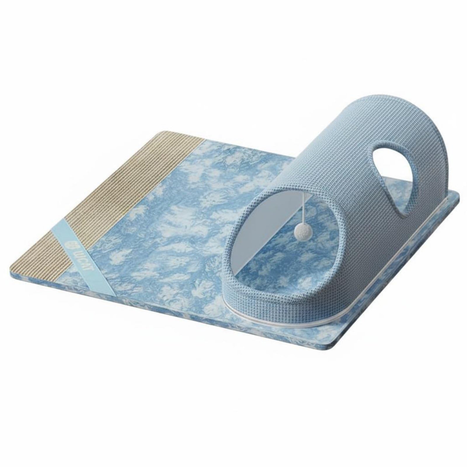 Ecomistiq Breathable Feline Scratcher Tunnel Dangling Toy Included Feline Tunnel Bed For Cats, Kittens, Indoor, Blue, S