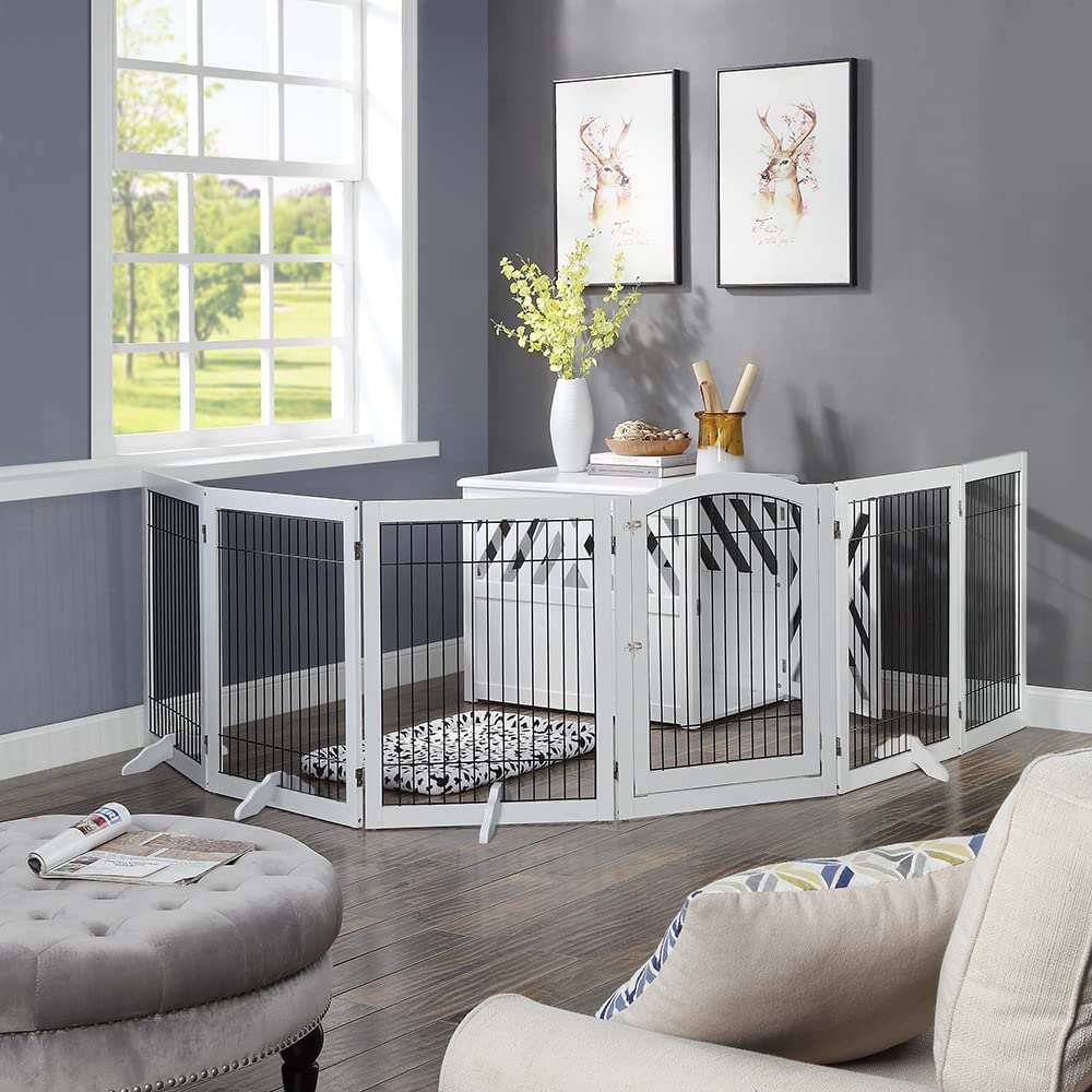 Unipaws 144'' Extra Wide Dog Gate And Pet Playpen, Free Standing Tall Dog Fence With Walk Through Door, Barriers For Home, Use A