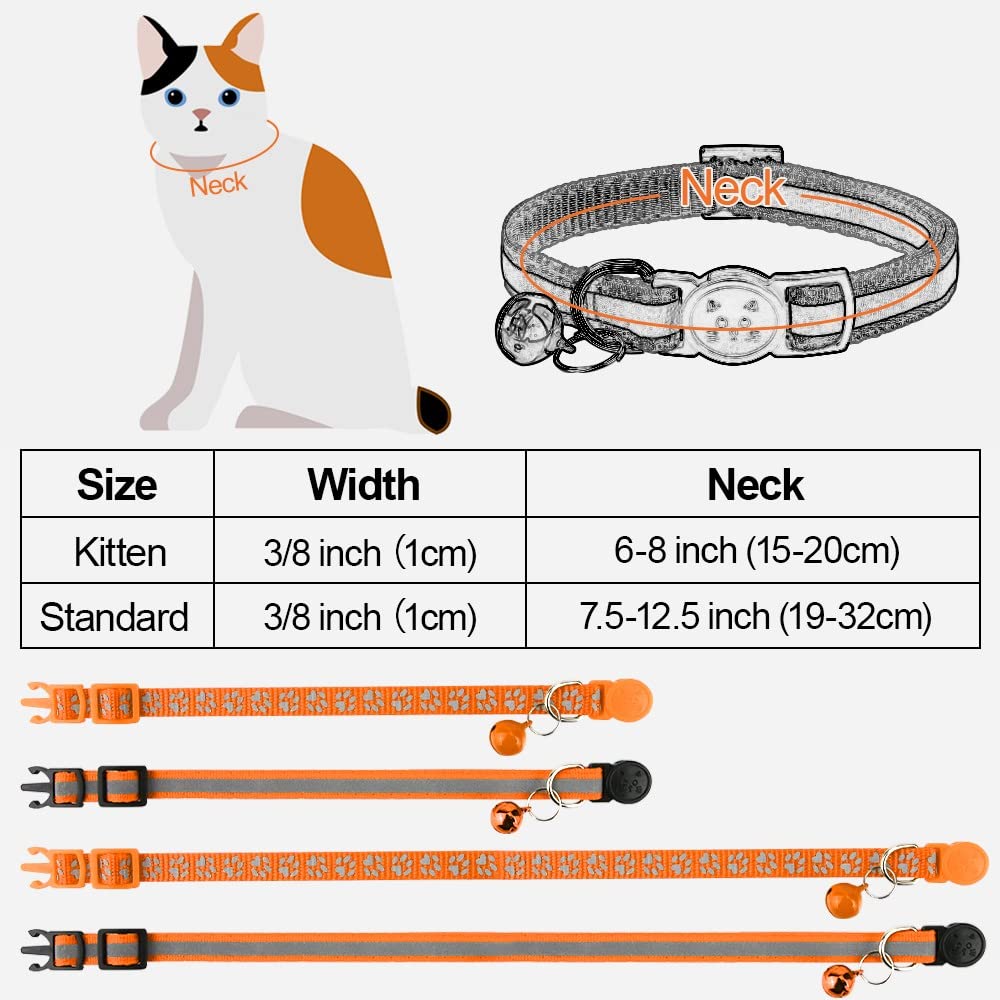 Taglory Reflective Cat Collars Breakaway With Bell, 2 Pack Girl Boy Pet Kitten Collar Adjustable 6-8 Inch, Orange