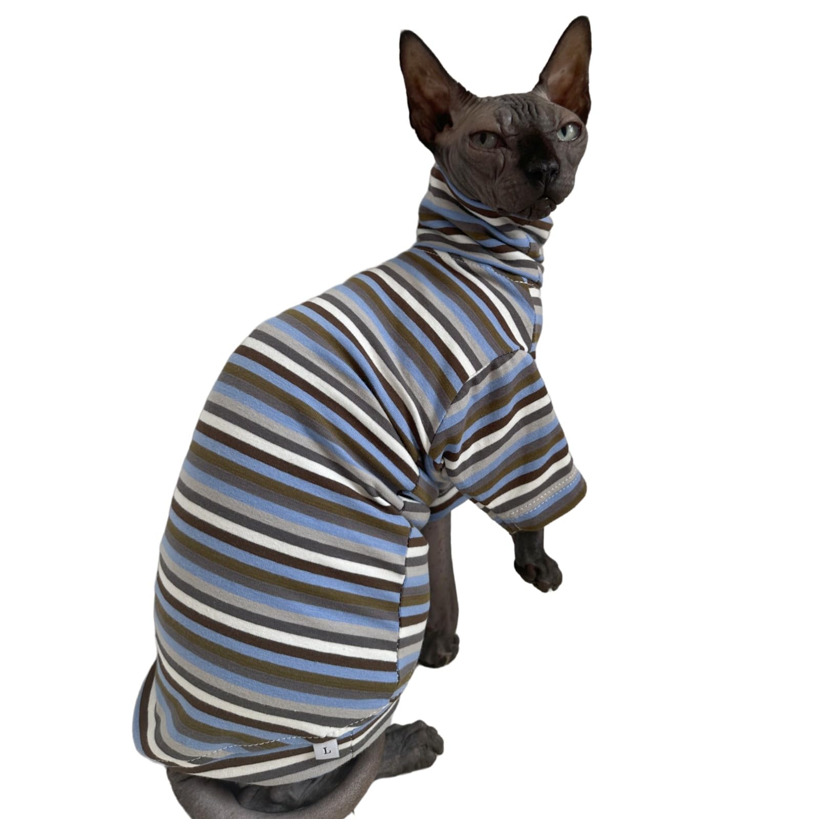 Vintage Stripes Sphynx Hairless Cats Shirt Cotton Cat Turtleneck Pet Clothes Kitten T-Shirts With Sleeves For Sphynx Cats (Storm