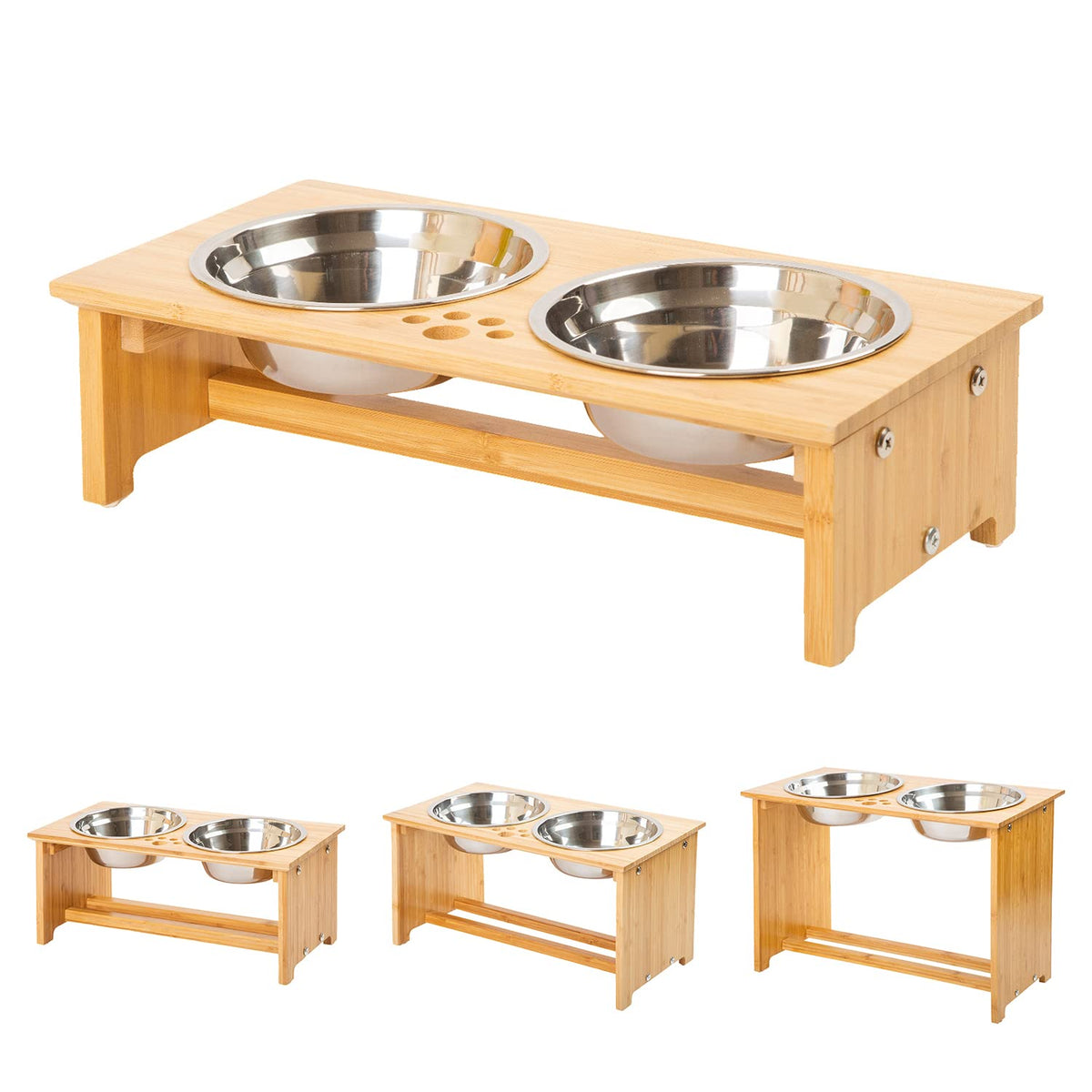 Foreyy Raised Pet Bowls For Cats And Small Dogs, Bamboo Elevated Dog Cat Food And Water Bowls Stand Feeder With 2 Stainless Steel Bowls And Anti Slip Feet (4'' Tall-20 Oz Bowl)