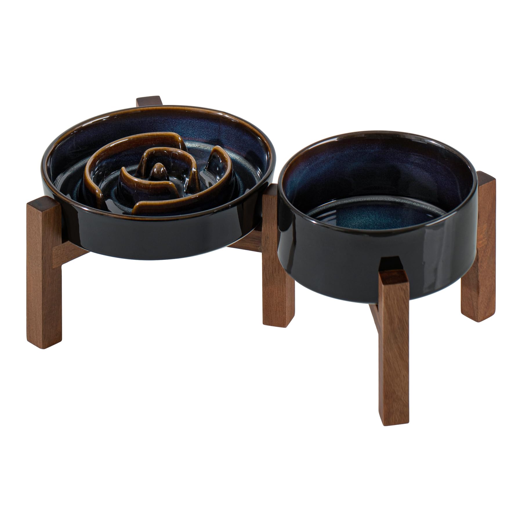 Havniva Ceramic 1.2 Cup Raised Slow Feeder Dog Bowl Set, Elevated 6.1inch Bowl and 7.3inch Dish with Acacia Wood Stand for Small
