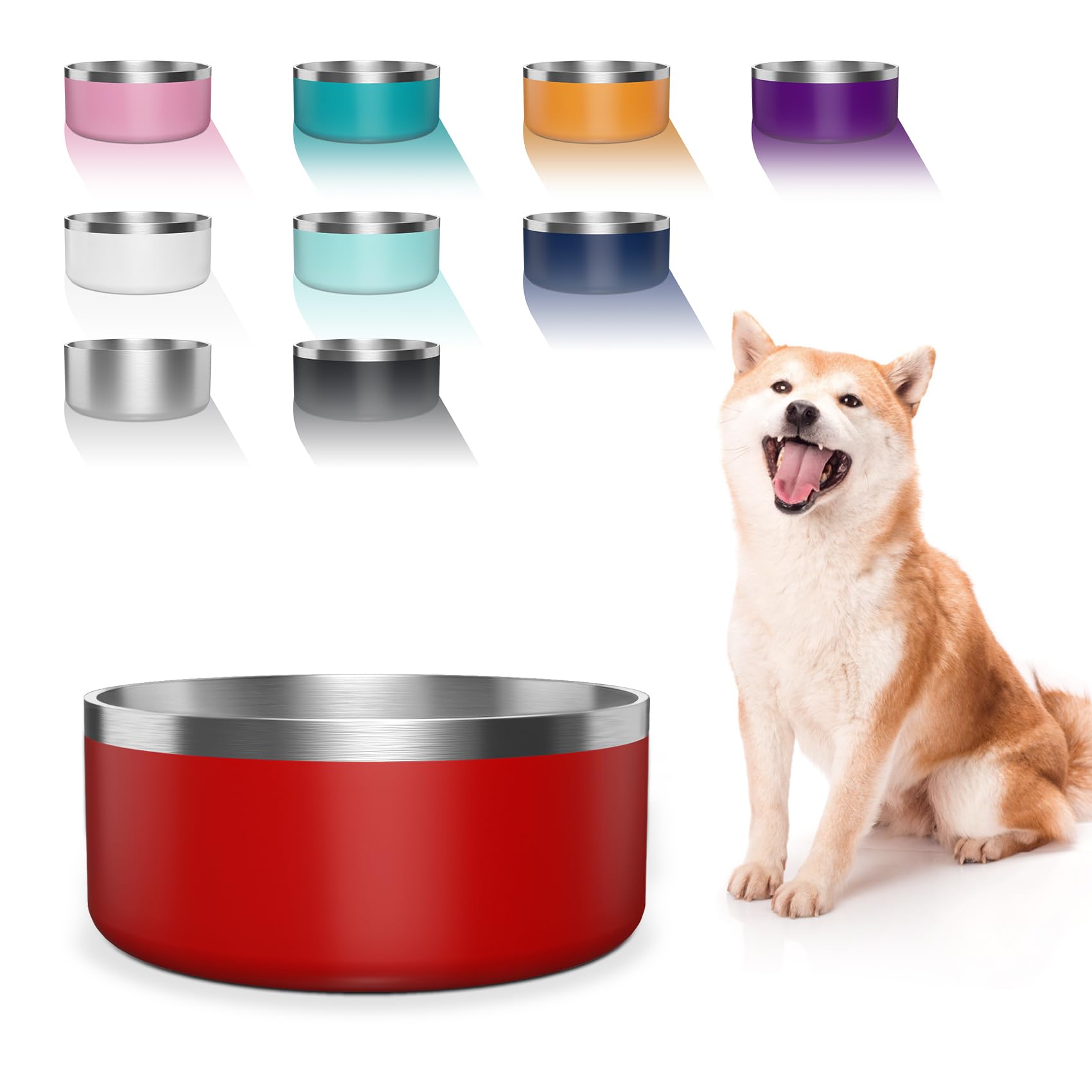 WENBOKMIN Dog Bowl, Stainless Steel Dog Food and Water Bowl with Non Slip Quiet Bottom, Easy to Clean, Dishwasher Safe, 64oz, Re