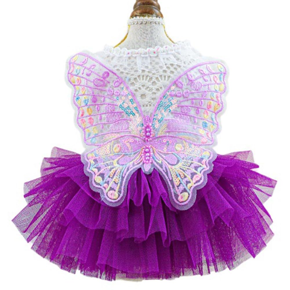 Aniac Butterfly Dog Dress With Purple Tutu Funny Doggy Clothes With Wing Girl Puppy Dress For Small Dogs Pet Butterfly Costume H