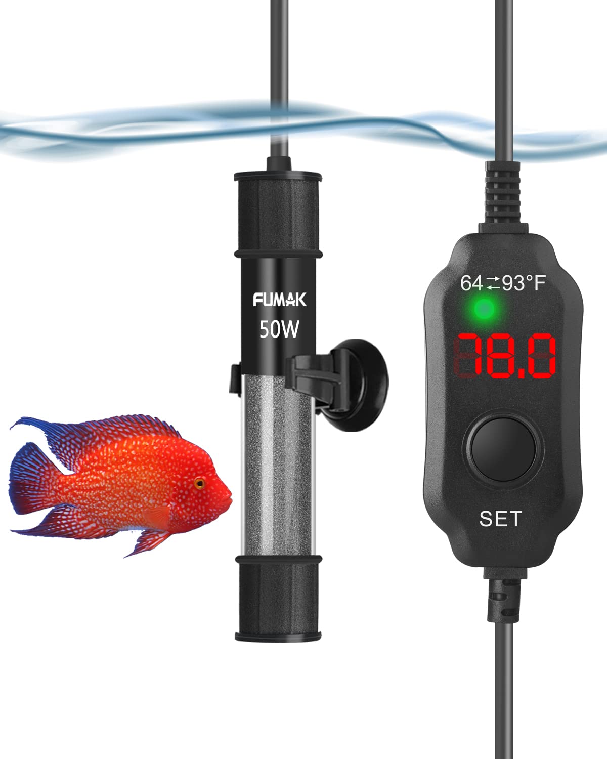 Kulife Fumak 50W Adjustable Aquarium Heater Super Short Submersible Fish Tank Heater Fish Heater With Led Digital Display Thermostat, For Tanks 5-10 Gallons