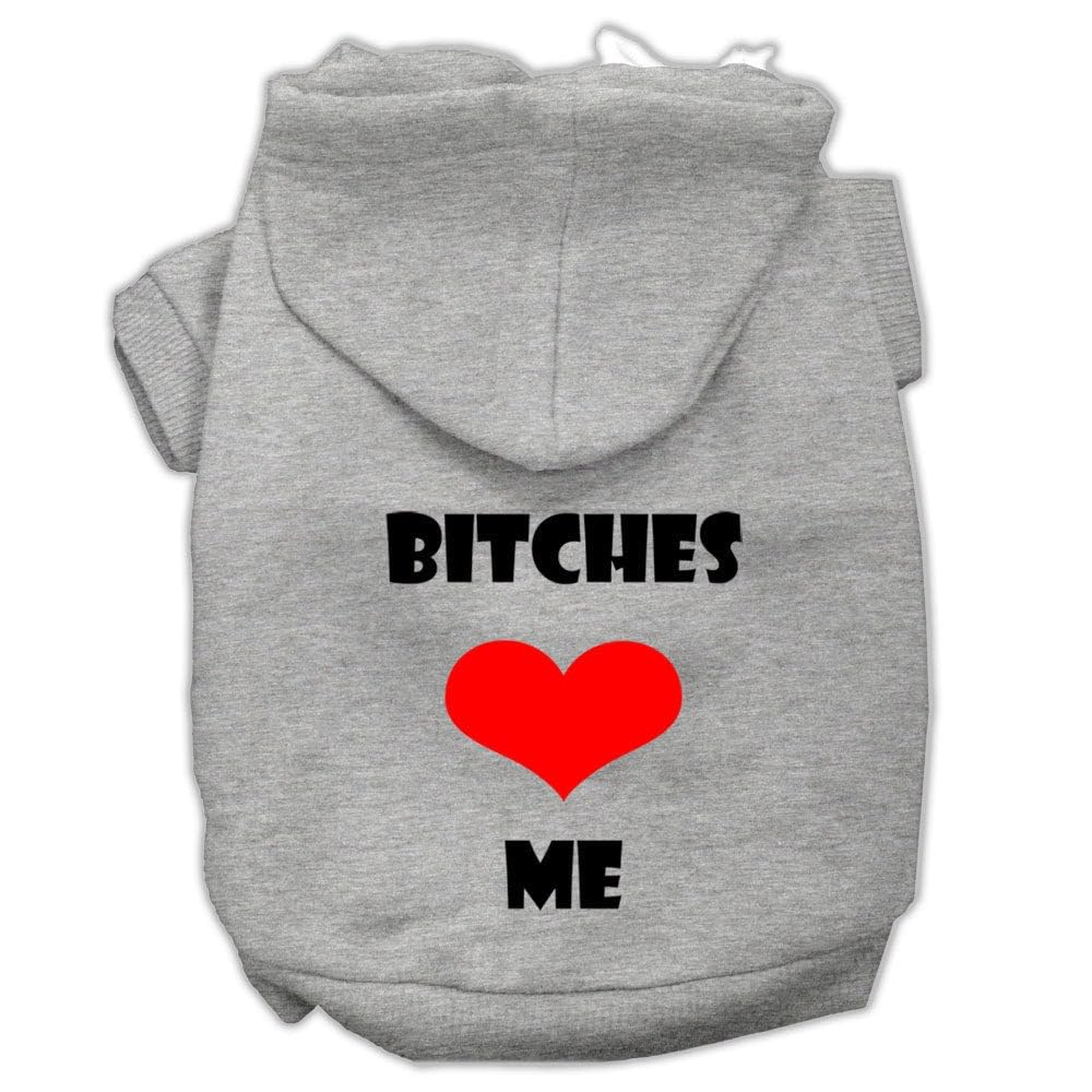 Pet, Dog & Cat Hoodie Screen Printed, 'Bitches Love Me' Gray Xs (0-3 Lbs.)