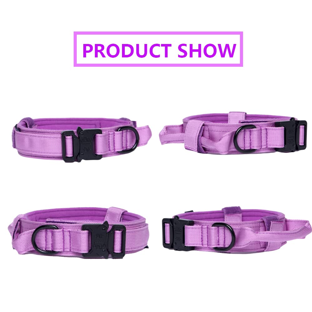 Tactical Dog Collar And Leash Set Tactical Dog Collar With Handle Bungee Leash Adjustable Military Training Nylon Collar Dog Training Collar Leash Set With Control Handleand Metal Buckle(Purple S