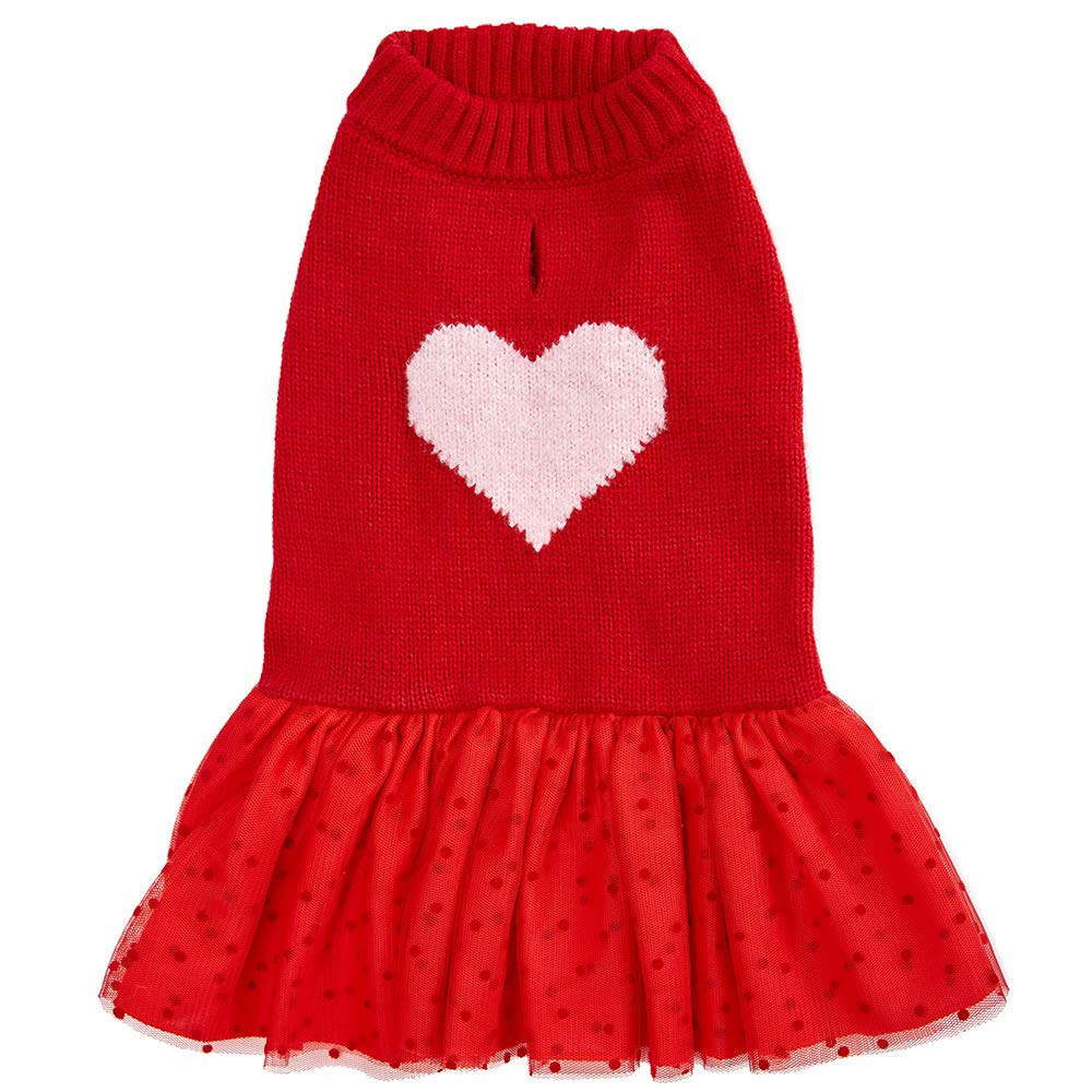 Blueberry Pet Heart Dog Sweater Dress My Cutie Princess Valentine’S Day Clothes For Medium Girl Dogs, Red Pullover Crewneck Holiday Apparel, Back Length 16”