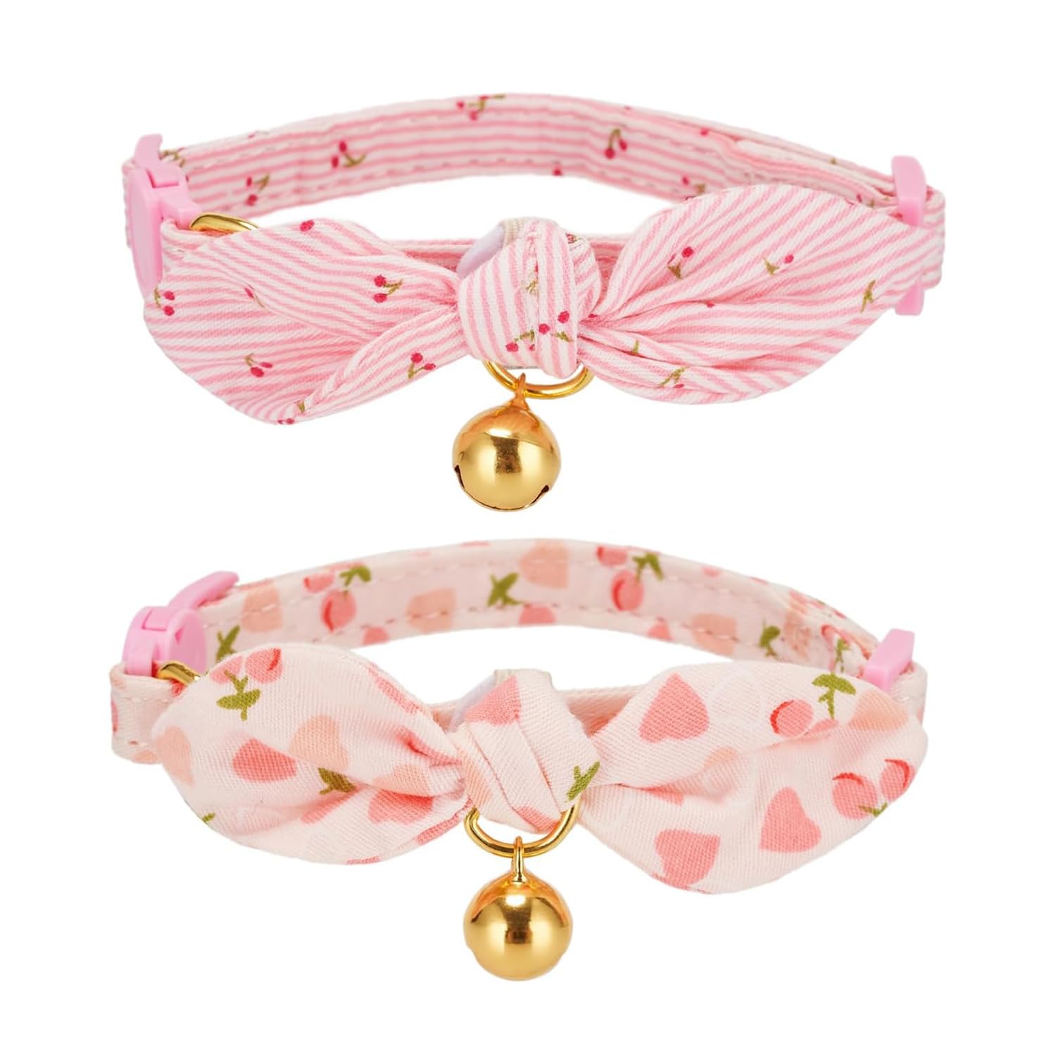 Petiry 2 Pack Cotton Cat Collar, Removable Bowtie, Floral Pattern, Safety Breakaway Clasp, Adjustable For Cats.(Adult Cat, Pink+