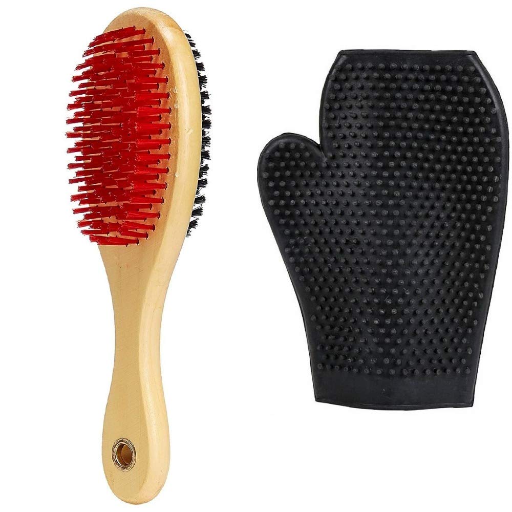 Pet Needs Wooden Handle Double Sided Bristles Pet,Puppy,Cat Grooming Hair Brush with Bathing Glovesfor Grooming and Care Small