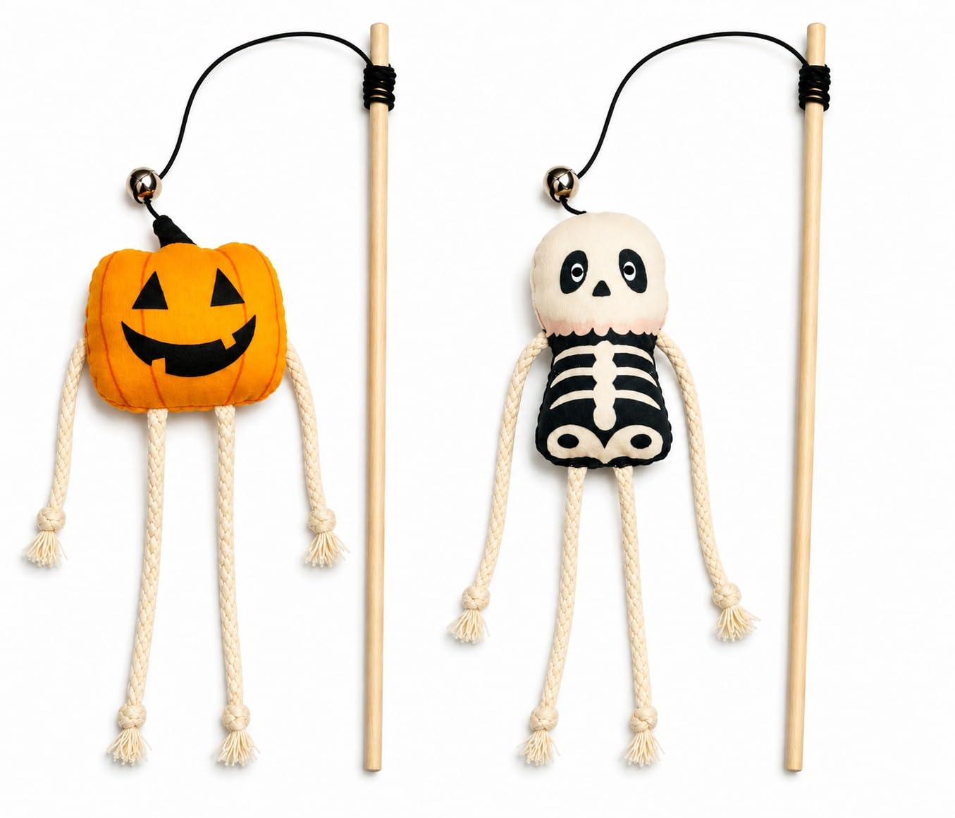 Pet Fun Cat Teaser Playing Wooden Stick Plush Toy (Skeleton, 41Cm) Design With Rope Limbs White Skeleton & Pumpkin Fun Teasing, 