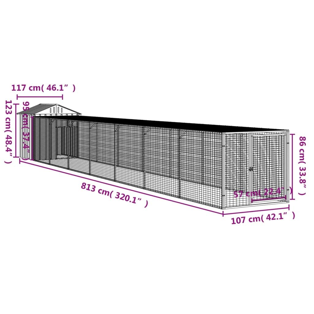 vidaXL Chicken Cage with Corral Galvanized Steel Grey 117x814x123 cm