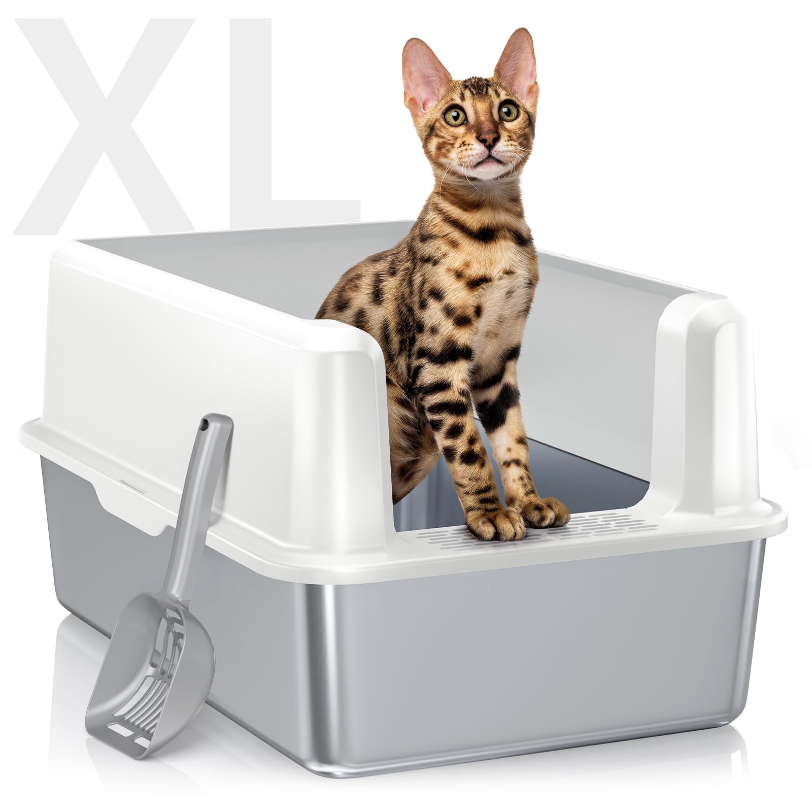 Woofigo Stainless Steel Cat Litter Box With Lid, Xl Metal Litter Box For Big Cats, Extra Large Litter Box With High Sides, Never Absorbs Odors, Non-Sticky, Easy Clean, Anti-Urine Leakage, With Scoop