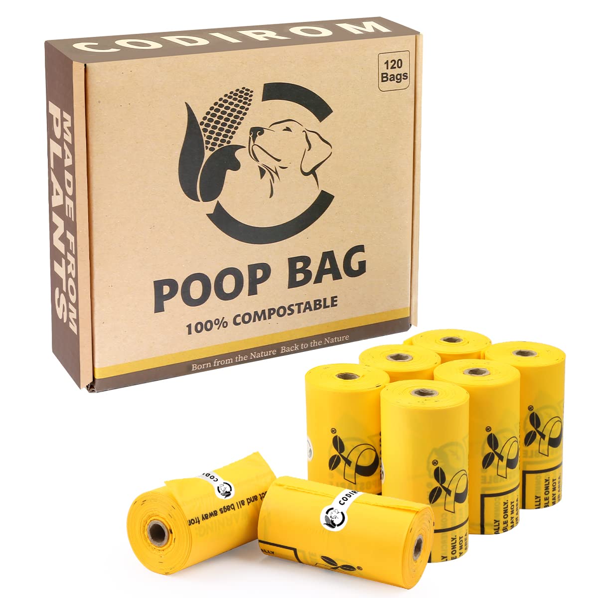 Codirom Certified Compostable Dog Poop Bags, 120 Count Eco Friendly And Leakproof Dog Waste Bags, Easy Open 100% Maize Yellow Po