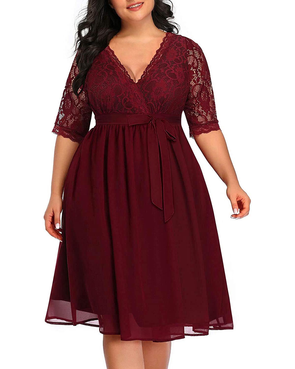 Pinup Fashion Plus Size Cocktail Dresses Women Burgundy Red Lace Top Chiffon Wedding Guest Semi-Formal Maroon Evening Party Wrap