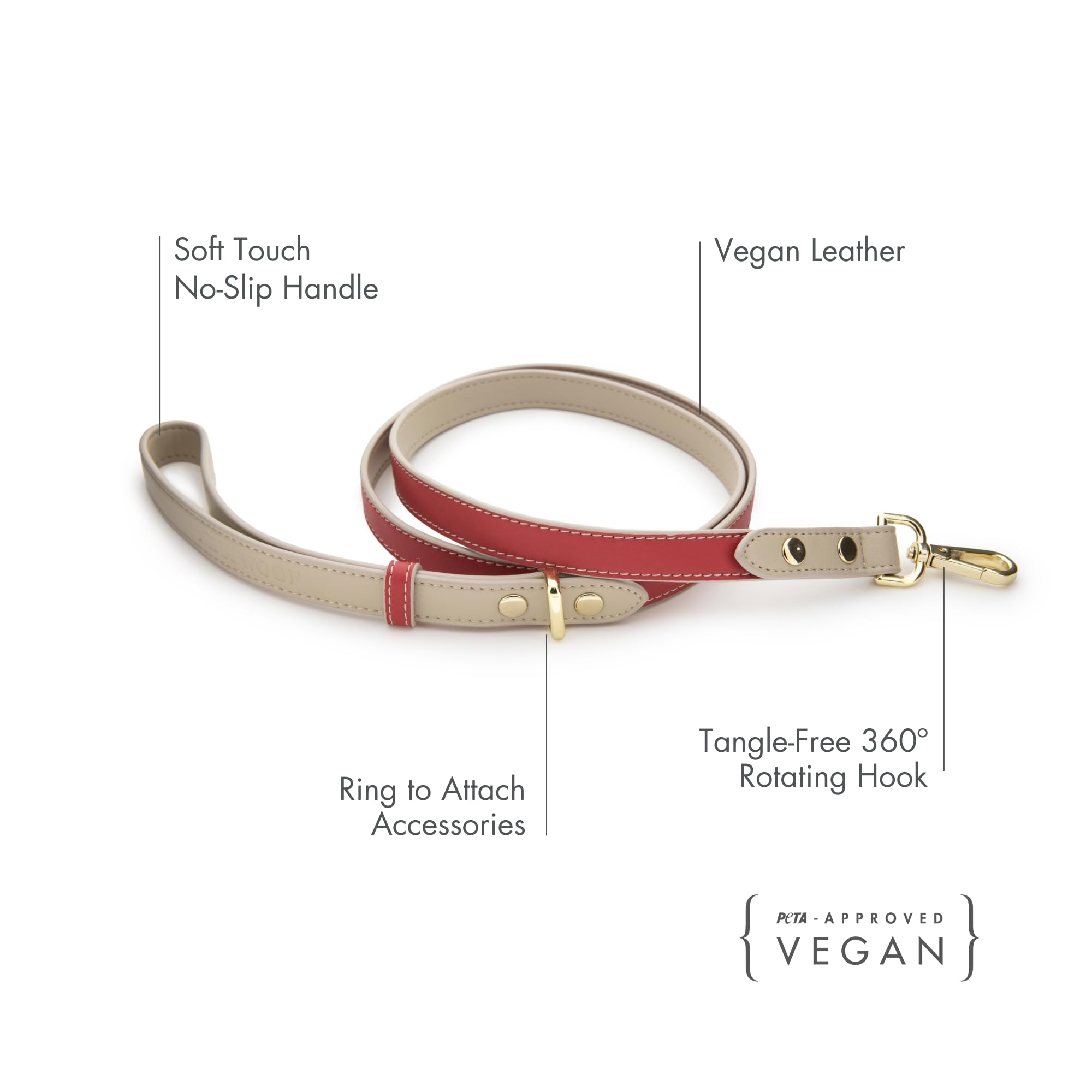 Nina Woof Vegan Leather Dog Lead - Padded Luxury Dog Leash - Large, Medium, Small - Red, 4Ft