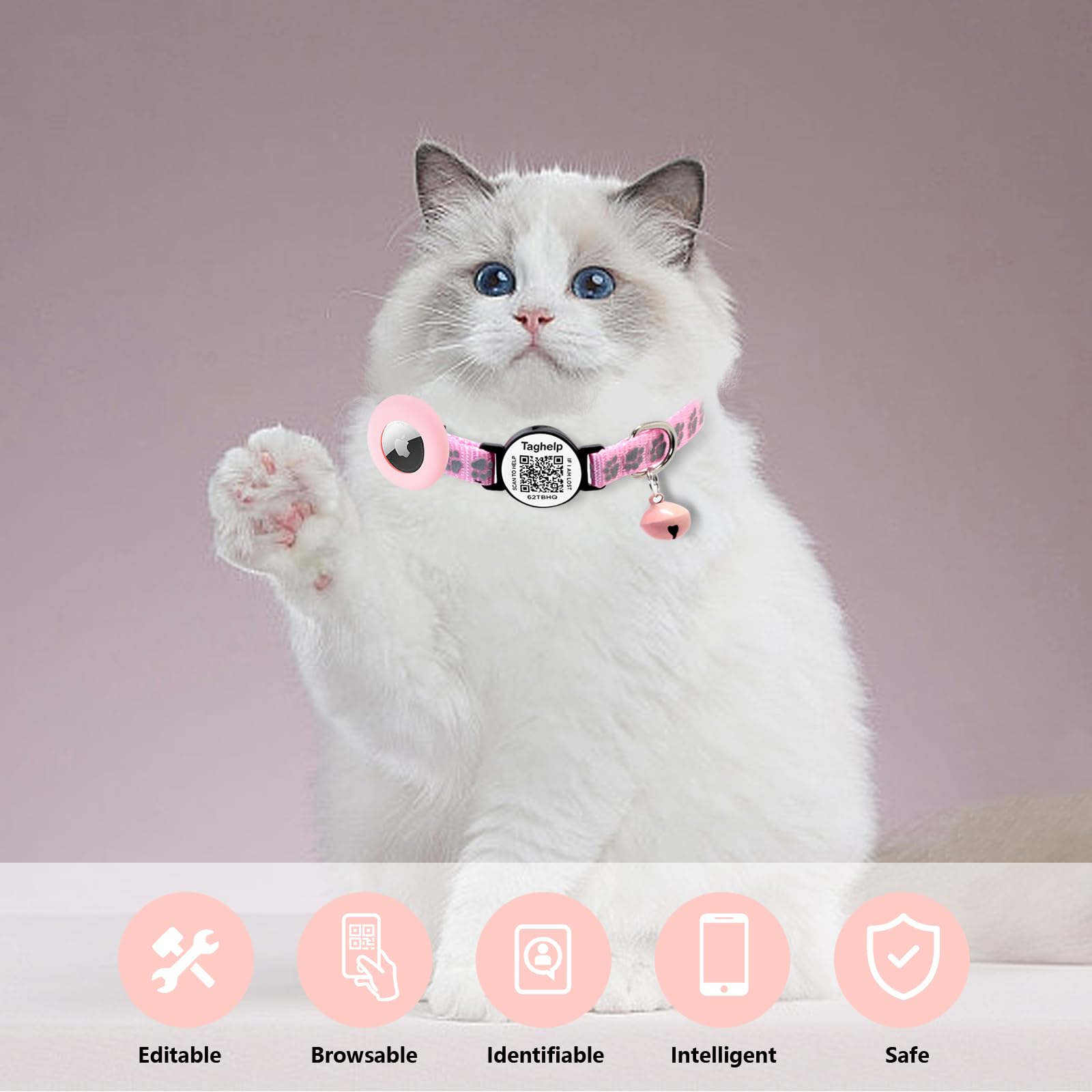 Airtag Cat Collar Breakaway With Bell & Reflective Design - Cute Paw Print Kitten Collar With Apple Airtag Holder & Safety Buckl