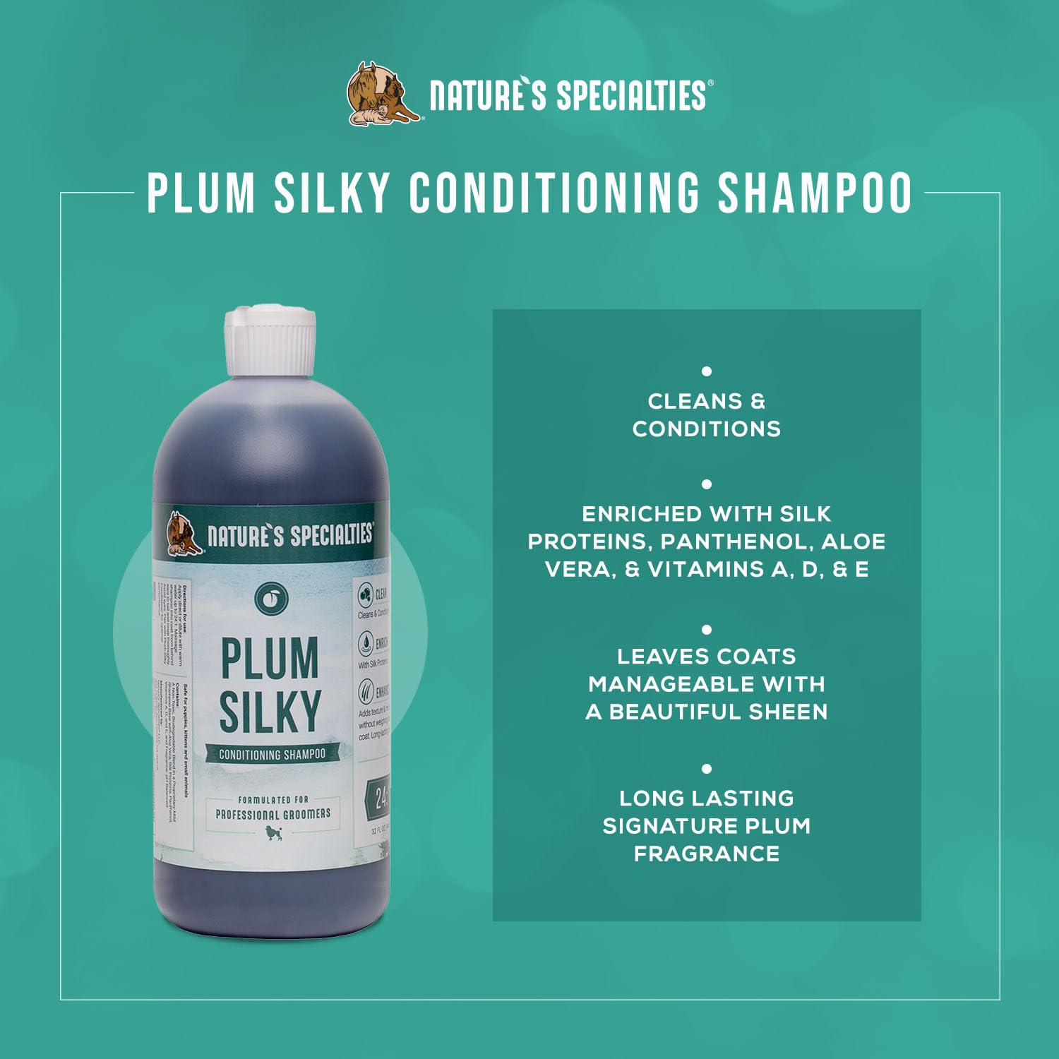 Nature'S Specialties Plum Silky Ultra Concentrated Dog Shampoo Conditioner, Makes Up To 6 Gallons, Natural Choice For Professional Pet Groomers, Silk Proteins, Made In Usa, 32 Oz