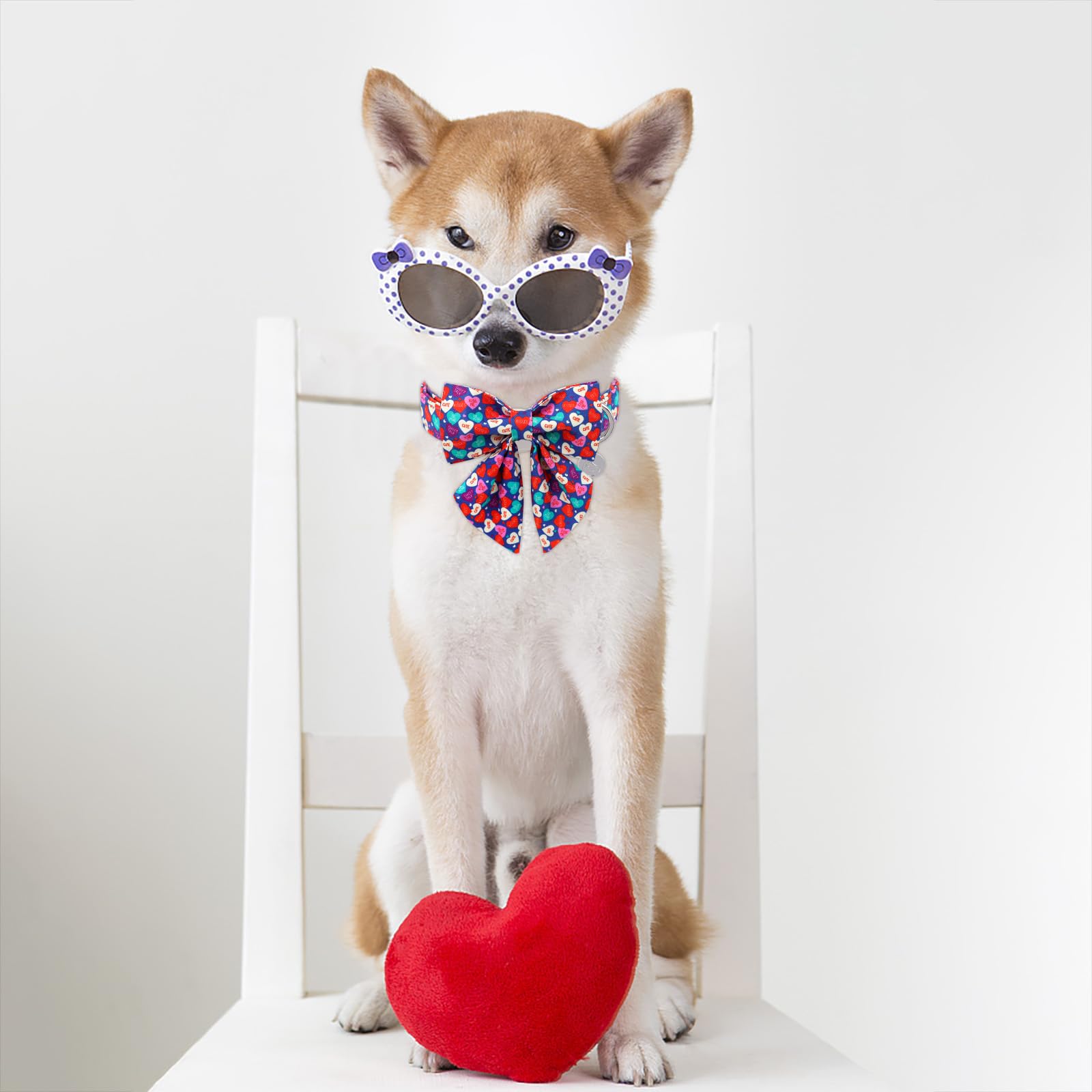 Dogwong Valentine'S Dog Collar With Saolor Bowtie, Blue Heart Bowtie Dog Collar, Adjustable Durable Pink Heart Dog Collar Cute D