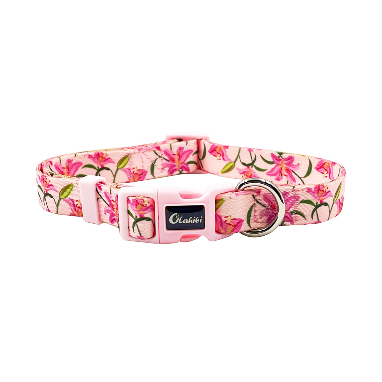 Olahibi Dog Collar And Leash Set, Lily Floral Pattern, Polyester Material, 5Ft Leash, For Small Dogs.(S, Pink Lily)