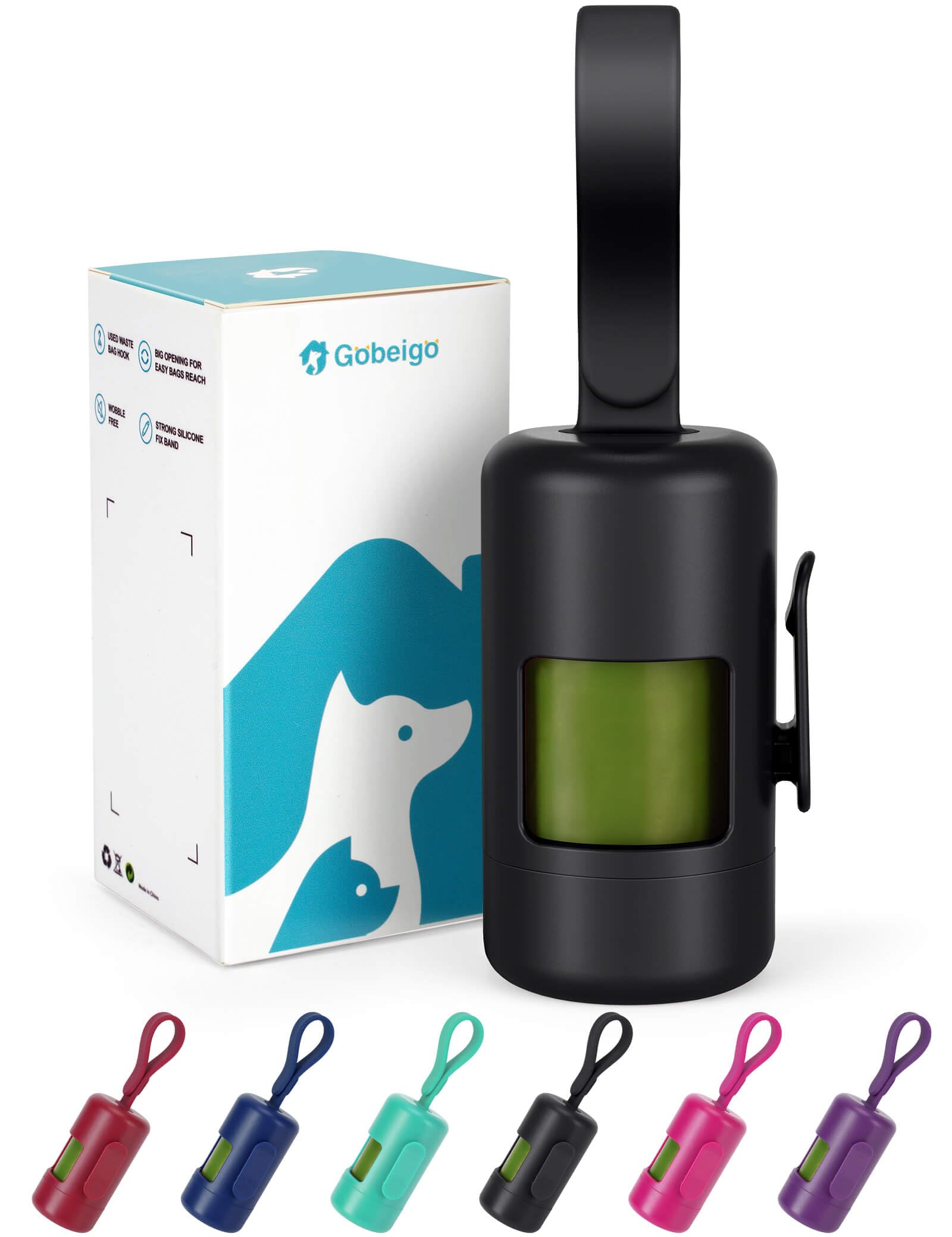 Gobeigo Dog Poop Bag Holder?Convenient Hook for Used Bags??Silicone Strap Fits Any Leash??Large Opening for Easy Dispensing?with