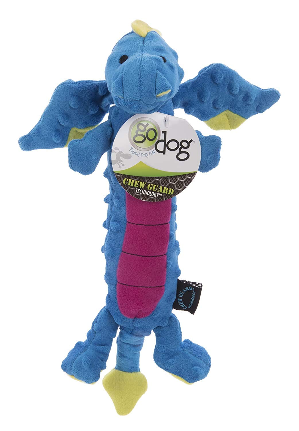 goDog Bubble Plush Skinny Dragons Squeaky Plush Dog Toy, Chew Guard Technology  Blue, Large